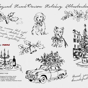 May include: Elegant hand-drawn holiday illustrations in black and white. The image includes sketches of dogs, holly, a car with a Christmas tree, a table setting, and a street scene. Text includes "by PURPLE".