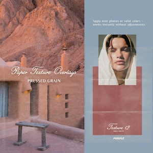 May include: Image featuring a desert landscape with a building and text that reads "Paper Texture Overlays PRESSED GRAIN". A woman's portrait is on the right, with text "Texture 12 PURPLE". The image suggests a digital product for photo editing.
