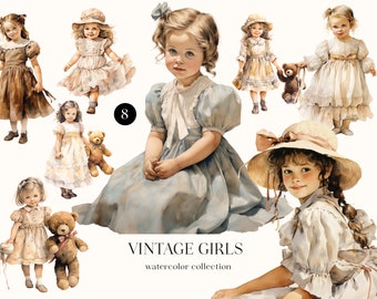 Vintage Watercolor Girl Clipart: Baby Shower PNG Bundle (Digital Image)