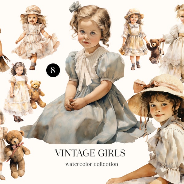 Vintage Watercolor Girl Clipart. Vintage Bundle Baby Girl. Digital Image. Junk Journal. Baby Shower Paper Crafts. Sublimation Art PNG