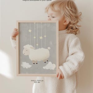 May include: A framed print of a white sheep with closed eyes, floating on clouds with stars hanging above. The print is 5000 x 7000 pixels and 300 dpi.