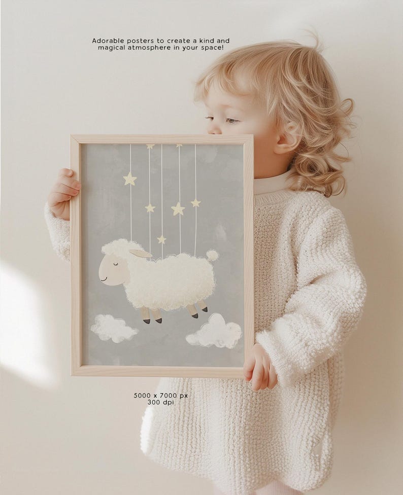 May include: A framed print of a white sheep with closed eyes, floating on clouds with stars hanging above. The print is 5000 x 7000 pixels and 300 dpi.