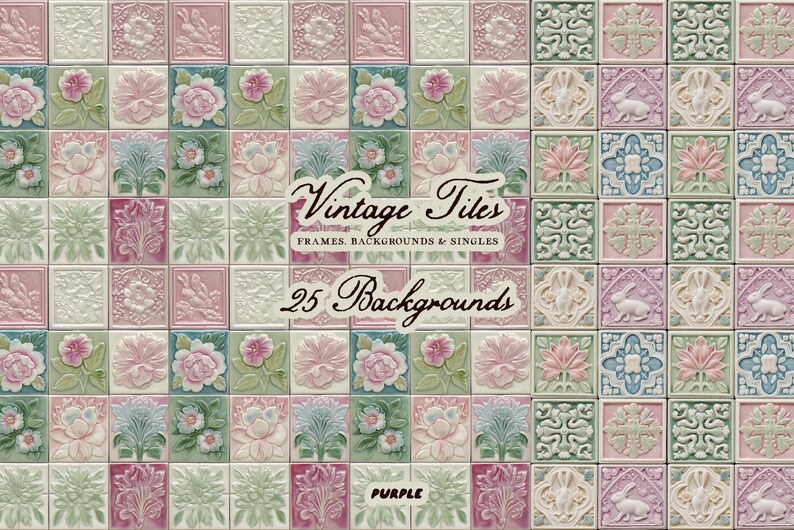 May include: A collection of vintage-style tiles in a repeating pattern. The tiles feature floral and geometric designs in pastel colors like pink, green, and blue. The image includes text that reads "Vintage Tiles" and "25 Backgrounds."