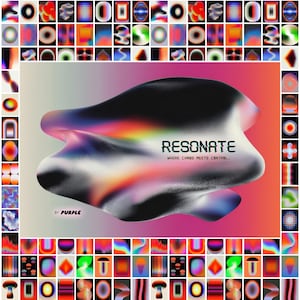 May include: Abstract digital art piece with a central, amorphous shape in shades of black, purple, and orange, with the word "RESONATE" and the phrase "WHERE CHAOS MEETS CONTROL" in white text. The artwork is surrounded by a border of colorful, geometric shapes.