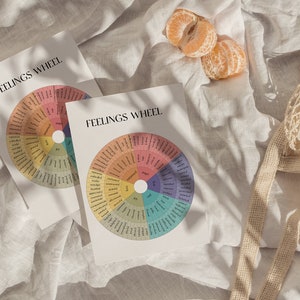 May include: Two printable "Feelings Wheel" charts on white paper with a colorful wheel of emotions. The charts are on a white linen fabric background with a beige mesh bag and two halved oranges.