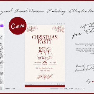 May include: A digital design template for a Christmas party invitation, featuring hand-drawn illustrations. The design includes the text "Christmas Party" and the date December 25. The template is compatible with Canva and other apps.