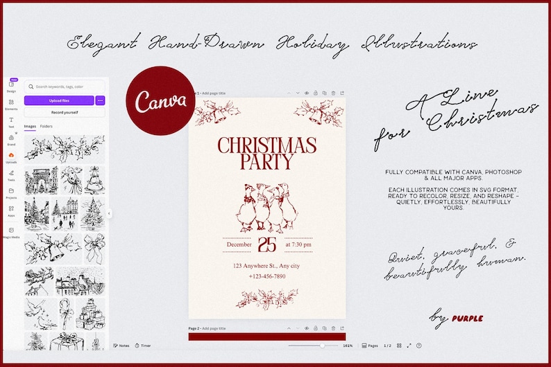 May include: A digital design template for a Christmas party invitation, featuring hand-drawn illustrations. The design includes the text "Christmas Party" and the date December 25. The template is compatible with Canva and other apps.