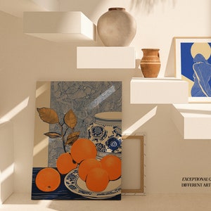 May include: A still life painting of oranges and a blue and white porcelain vase on a blue and white patterned background. The oranges are arranged in a bowl on a table.