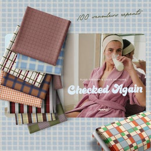 May include: A selection of fabric swatches showcasing diverse plaid, gingham, and check designs in colours such as red, blue, brown, and green. The text "Checked Again" is displayed in a retro font, with the word "Purple" beneath. The phrase "100 seamless repeats" is also visible.