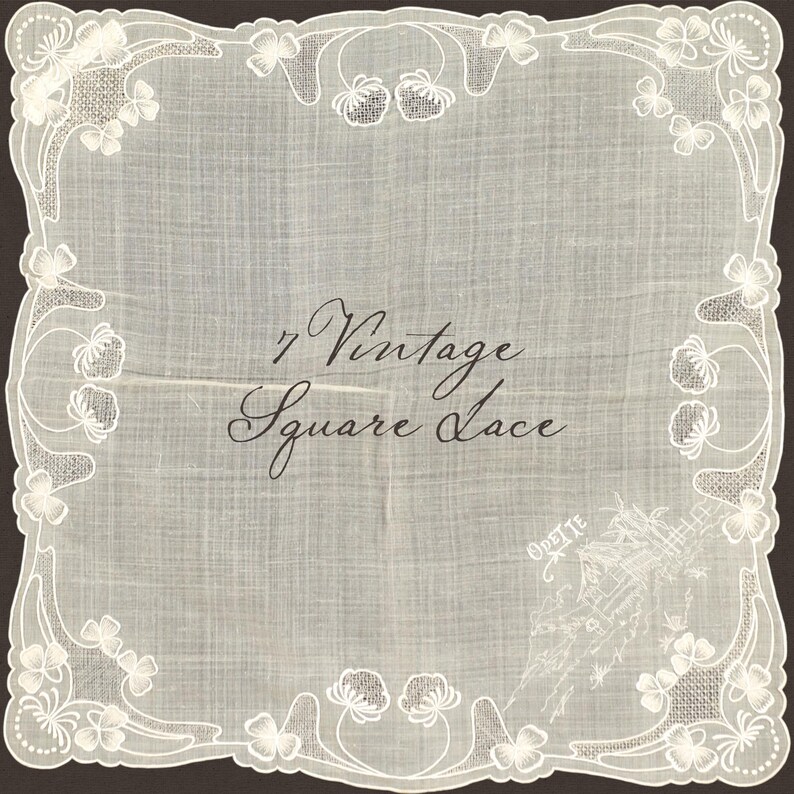 May include: A square, white vintage lace handkerchief with delicate floral and leaf designs around the edges. The text "7 Vintage Square Lace" is centered on the handkerchief. The word "Odette" is also visible.