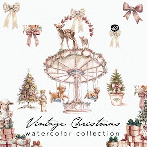 Clipart de Noël aquarelle vintage. Père Noël et arbres de Noël. Noeuds rétro. Clipart PNG de Noël preppy. Éléments aquarelles fantaisistes