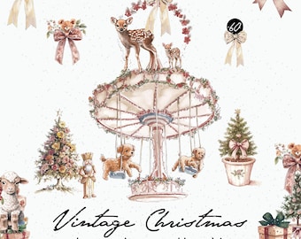 May include: Vintage Christmas watercolor collection featuring a carousel with two dogs, a deer, and a small deer, a Christmas tree, a nutcracker, a sheep, and presents. The carousel is decorated with flowers and greenery.