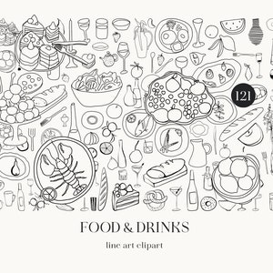 Eten en drinken illustraties, png-illustraties, cocktailillustraties, digitaal bestand. Minimalistische handgetekende lijntekeningenbundel. Krabbels