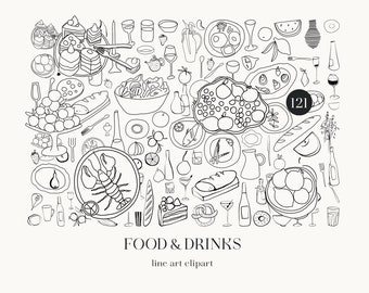 Food and drinks Illustrations,PNG Clip Art, Cocktail Clip Art, Digital File. Minimalist Hand Drawn line art bundle. Doodles