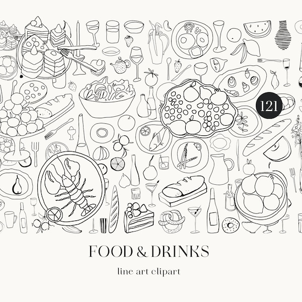 Ilustraciones de alimentos y bebidas, imágenes prediseñadas PNG, imágenes prediseñadas de cóctel, archivo digital. Paquete de arte minimalista dibujado a mano. garabatos