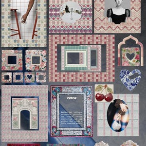 May include: A collection of vintage-style frames, backgrounds, and singles. The image features various frame designs, including mosaic, floral, and ornate styles. The color palette includes pink, purple, and white. Text includes "Vintage Tiles" and "Frames, Backgrounds & Singles."