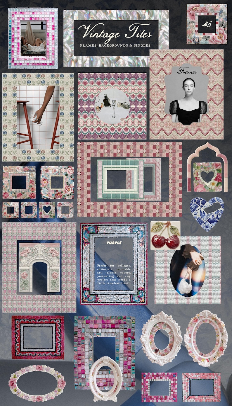 May include: A collection of vintage-style frames, backgrounds, and singles. The image features various frame designs, including mosaic, floral, and ornate styles. The color palette includes pink, purple, and white. Text includes "Vintage Tiles" and "Frames, Backgrounds & Singles."