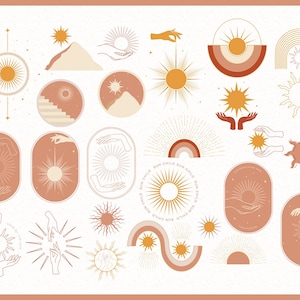 Könnte beinhalten: Ein Set mit 25 digitalen Illustrationen, die verschiedene Sonnen- und Mondmotive im minimalistischen Stil zeigen. Die Illustrationen sind in Gelb-, Orange-, Braun- und Weißtönen gehalten und zeigen geometrische Formen, Hände und Regenbögen.