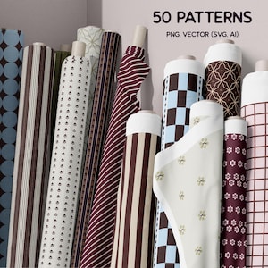 May include: A collection of fabric rolls with various patterns, including stripes, polka dots, and floral designs. The color palette includes shades of brown, blue, and white. The text "50 PATTERNS" is visible at the top.