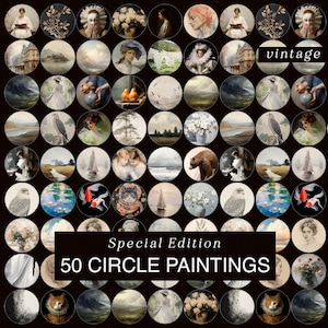 May include: A collection of 50 vintage circle paintings featuring a variety of subjects, including landscapes, portraits, and still lifes. The paintings are all framed in black and arranged in a grid pattern. The text "Special Edition 50 Circle Paintings" is displayed at the bottom of the image.