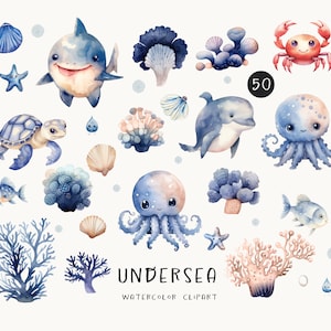 Puede incluir: Conjunto de clipart de acuarela con una variedad de criaturas submarinas y corales. Incluye un tibur&oacute;n, un delf&iacute;n, un pulpo, una tortuga, un cangrejo, una estrella de mar y conchas. El conjunto es perfecto para agregar un toque de fantas&iacute;a a tus dise&ntilde;os.
