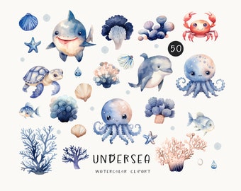 Watercolor Undersea Clipart: Ocean Animals PNG (Digital Download)