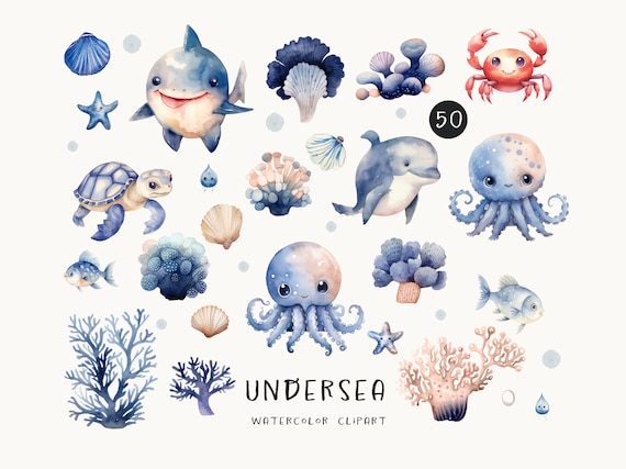 Watercolor Undersea Clipart: Ocean Animals PNG (Digital Download)