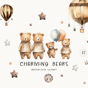 Charming hand painted watercolor bears & stars clipart. Baby Boy, Girl baby shoer. PNG files. Commercial use.