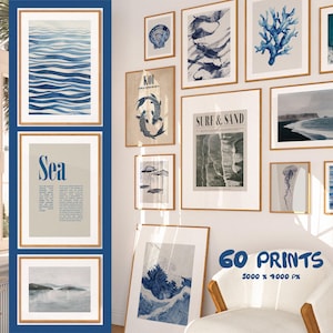Set von 60 Küsten Wand Drucke, Nautische Dekoration, Surf Drucke, Drucke Sommer Wand Kunst, Strand Haus Dekor, druckbare Kunst. Dunkelblaue Koralle