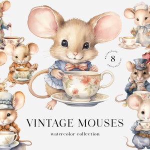 Aquarell Maus Clipart, Maus und Tassen Clipart, niedliche Vintage Baby-Dusche Clipart, Kinderzimmer-Dekor-Pack, Kinderzimmer-Kunst, Wand Kunst Mäuse