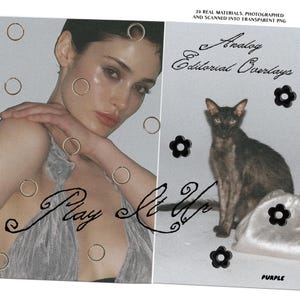 May include: A digital graphic featuring a collage of a person in a silver top, a black cat, and various circular and flower-shaped icons. The text reads 20 REAL MATERIALS, PHOTOGRAPHED AND SCANNED INTO TRANSPARENT PNG, Analog Editorial Overlays, Play It Up, and PURPLE.