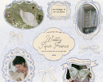 Cornici di carta traballanti, elementi di collage ingenuo, fiocchi blu (download digitale)