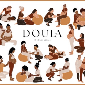 Clipart SVG de doula. Ilustraciones para doulas. Set de embarazo. Paquete SVG de mujer embarazada y doula. Doula prenatal, regalo de doula. SVG de mujer africana.