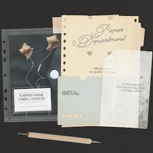 May include: A collection of paper ephemera including a beige folder labeled Paper Department, a gray card labeled Archive 01, a translucent sheet with text, and a clear plastic sleeve containing two small seashells and a label Scanned Papers, Cards & Cutouts, accompanied by a wooden stylus.