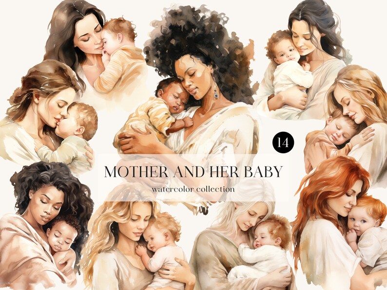 Watercolor Mother and Baby Clipart: Beige Boho Nursery PNG Bundle ...