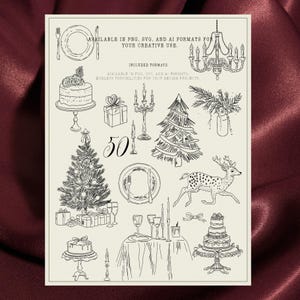 Clipart de arte de linha de Natal, gráfico caprichoso vintage desenhado à mão, ilustrações festivas em preto e branco, PNG SVG, elementos de decoração de Natal