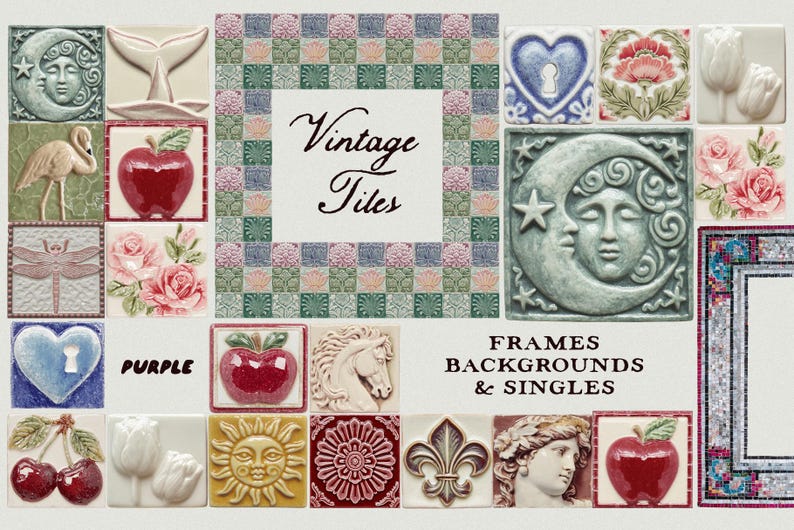Vintage Tile Clipart – Mosaic Frames, Backgrounds & Ceramic PNG Set image 1