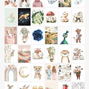 May include: A collection of 36 watercolor illustrations featuring various animals, plants, and objects. The illustrations are in a whimsical style and feature bright colors. Some of the illustrations include a deer, a bear, a unicorn, a cheetah, a hedgehog, a rabbit, a mouse, a jellyfish, a hot air balloon, a rainbow, a moon, a mushroom, a teacup, a house, a flower, a star, and a cloud.
