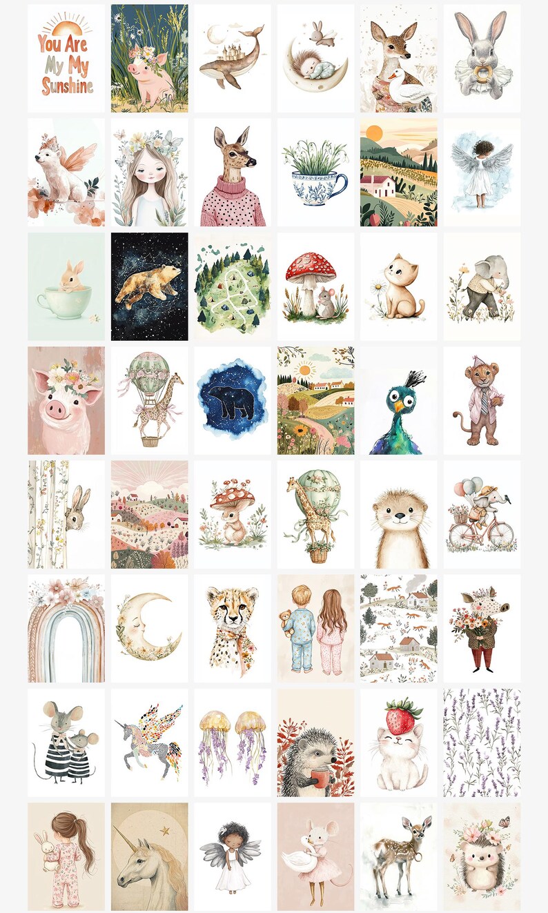 May include: A collection of 36 watercolor illustrations featuring various animals, plants, and objects. The illustrations are in a whimsical style and feature bright colors. Some of the illustrations include a deer, a bear, a unicorn, a cheetah, a hedgehog, a rabbit, a mouse, a jellyfish, a hot air balloon, a rainbow, a moon, a mushroom, a teacup, a house, a flower, a star, and a cloud.