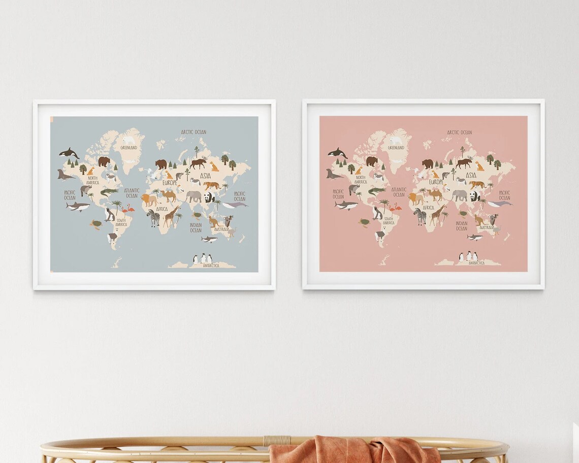 Kids World Map Digital Nursery Art Map of the World Animals Etsy