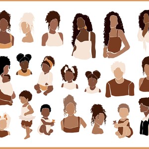 May include: A digital illustration of a collection of brown and white abstract figures of women and children. The figures are all in various poses and have different hairstyles. The background is white.
