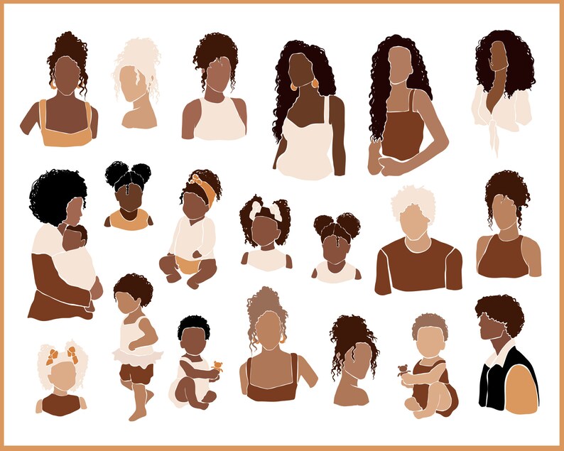 May include: A digital illustration of a collection of brown and white abstract figures of women and children. The figures are all in various poses and have different hairstyles. The background is white.