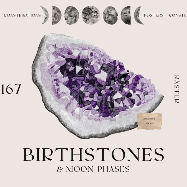 Watercolor Birthstones & Moon Phases collection! Birthstone chart print. Watercolor crystals. Moon Phases Clipart. Cards. Watercolor Moons