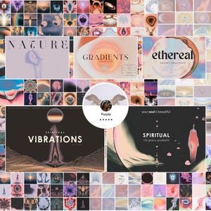 May include: A digital collage of 150 grainy gradients in various colours, including purple, pink, blue, and green. The gradients are arranged in a grid pattern and feature text overlays such as "Nature", "Gradients", "Ethereal", "Spiritual Vibrations", and "Your Soul is Beautiful".