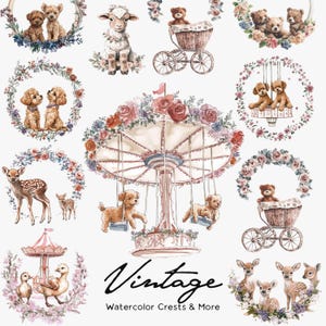 Vintage Baby & Kinder Digitales Aquarell Illustration Paket. Hochzeit, Baby Shower DIY Clipart. PNG Aquarell Kränze.