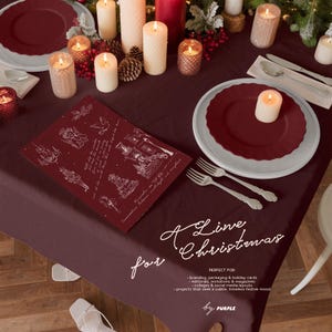 May include: A festive table setting with burgundy plates, candles, and a placemat featuring illustrations and text. The text reads "A Lime Christmas for" and "by PURPLE". The scene evokes a holiday atmosphere.