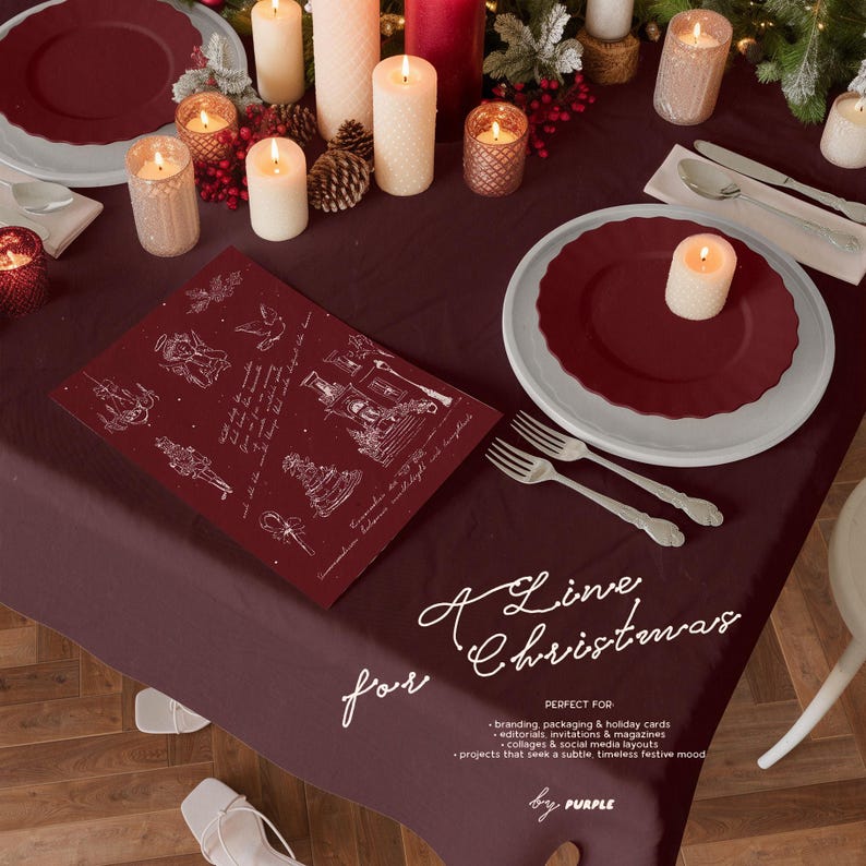 May include: A festive table setting with burgundy plates, candles, and a placemat featuring illustrations and text. The text reads "A Lime Christmas for" and "by PURPLE". The scene evokes a holiday atmosphere.