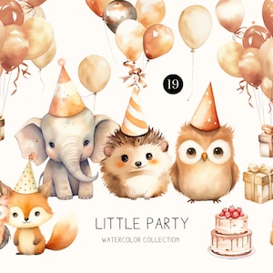 Petite fête aquarelle, clipart aquarelle de bébés animaux, art de gâteau de fête d'anniversaire, graphiques png d'invitation de célébration, petit renard hibou ours