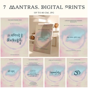 7 Vibrant Mantras. Spiritual Wall Art. Aesthetic Gayatri, Shanti Mantra. Meditation Gift, Indian Kundalini Yoga Print. Positive affirmation