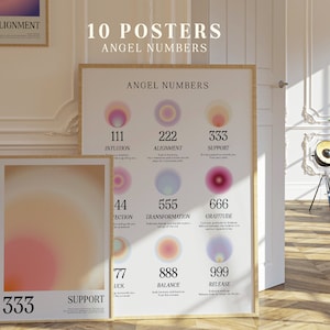 May include: A set of ten posters featuring angel numbers, each number is surrounded by a colorful circle with a gradient of pink, orange, and yellow. The posters are framed in a light wood frame and are displayed on a wall. The numbers are 111, 222, 333, 444, 555, 666, 777, 888, and 999. Each number is associated with a word, such as intuition, alignment, support, protection, transformation, gratitude, luck, balance, and release.